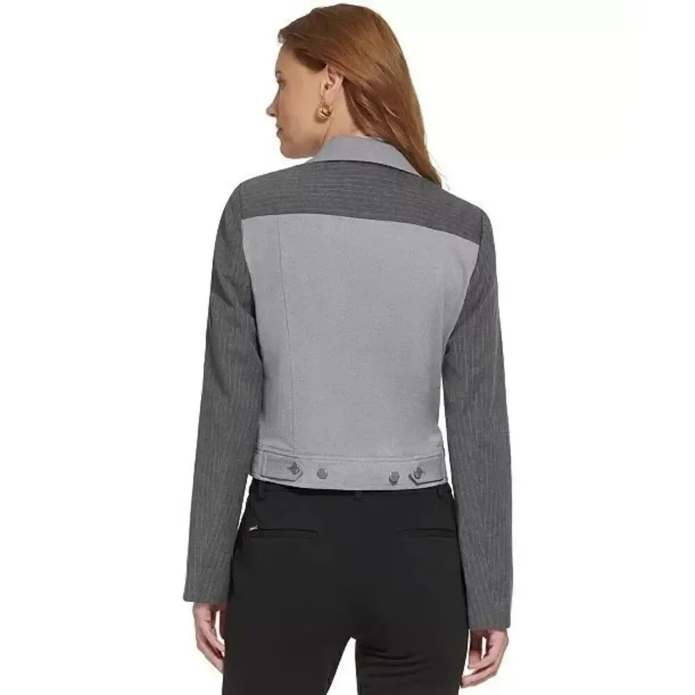 DKNY NWT Women's Pinstriped Combo Peak-Lapel Cropped Jacket Blazer 8